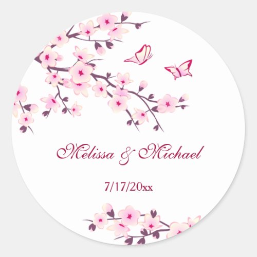 Floral Cherry Blossoms Pink White  Custom Wedding Classic Round Sticker