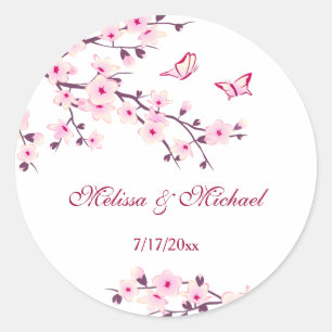 Floral Cherry Blossoms Pink White Custom Wedding Classic Round Sticker