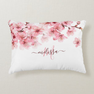 Floral Cherry Blossoms Pink White Customizable Accent Pillow