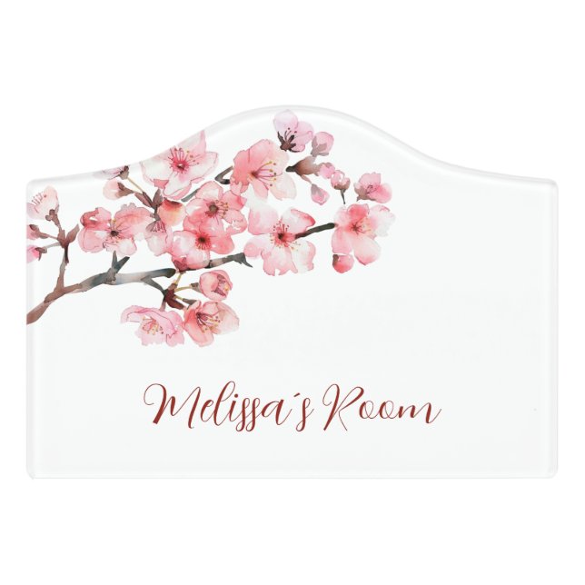 Floral Cherry Blossoms Pink White Customizable Door Sign (Small Crest Front)