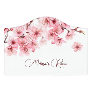 Floral Cherry Blossoms Pink White Customizable Door Sign