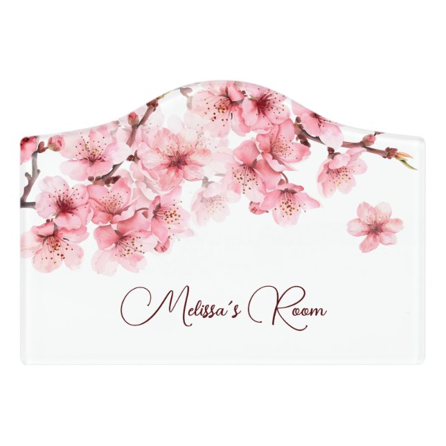 Floral Cherry Blossoms Pink White Customizable Door Sign (Small Crest Front)