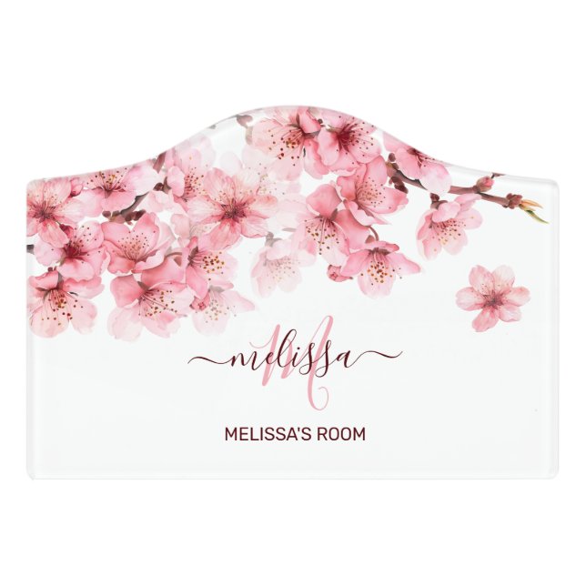 Floral Cherry Blossoms Pink White Customizable Door Sign (Small Crest Front)