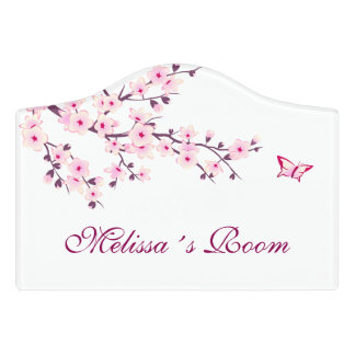 Floral Cherry Blossoms Pink White Customizable Door Sign