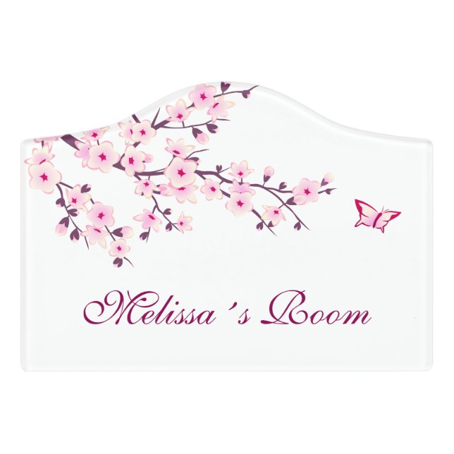 Floral Cherry Blossoms Pink White Customizable Door Sign (Small Crest Front)