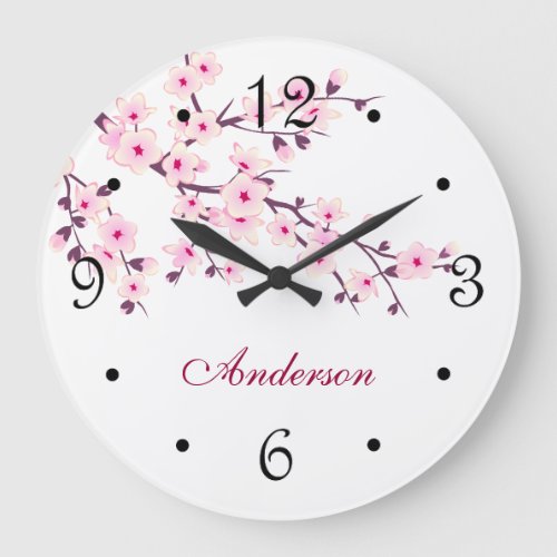 Floral Cherry Blossoms Pink White Family Name Large Clock