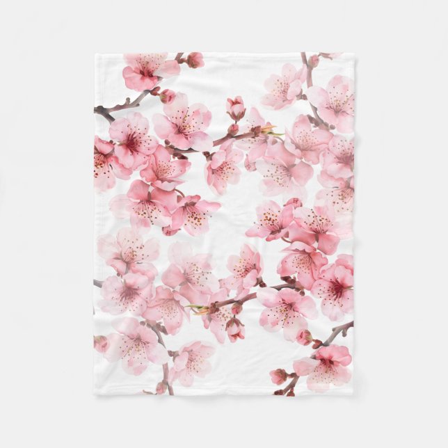 Floral Cherry Blossoms Pink White Fleece Blanket (Front)