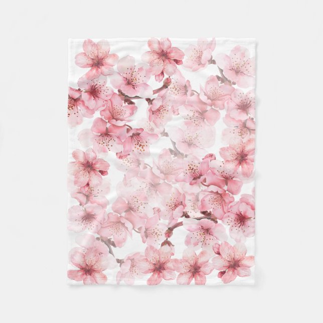 Floral Cherry Blossoms Pink White Fleece Blanket (Front)