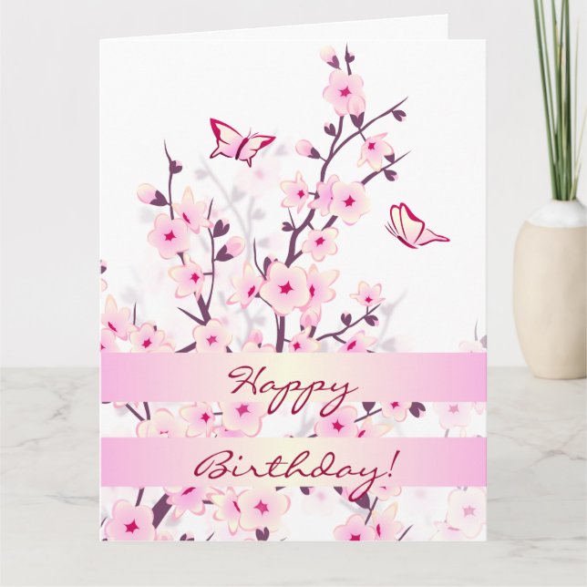 Floral Cherry Blossoms Pink White Happy Birthday Card (Front)