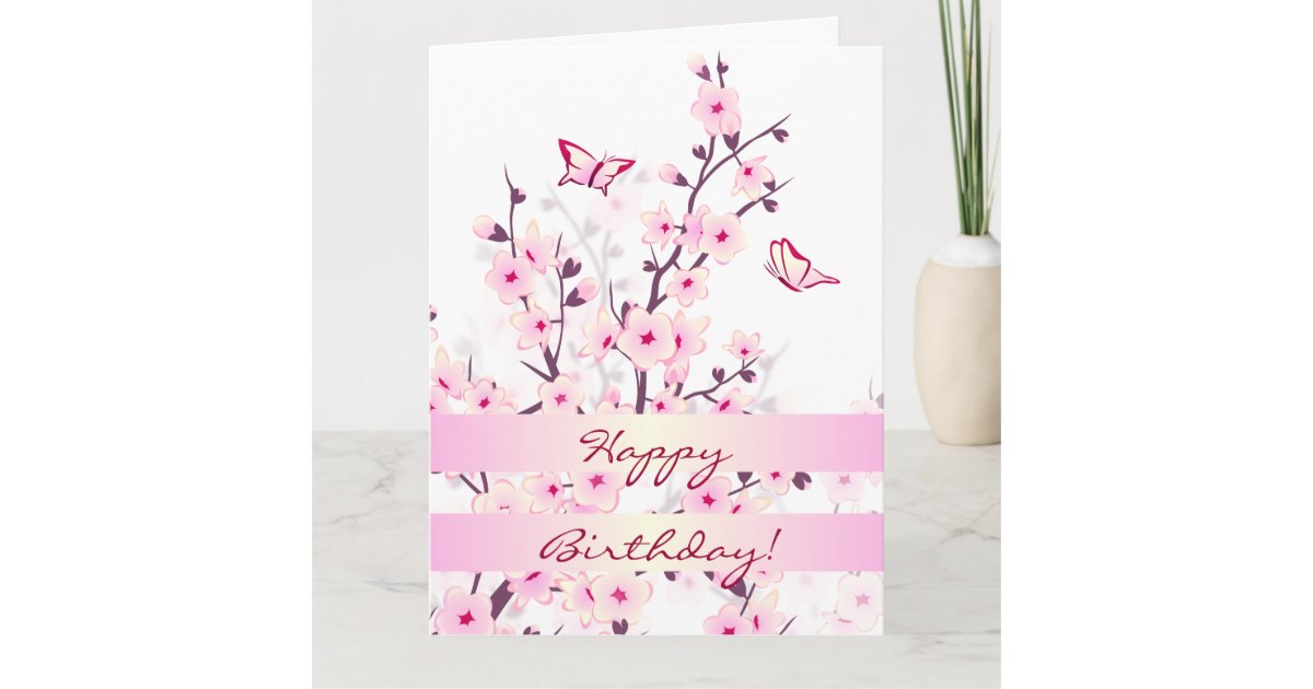 Floral Cherry Blossoms Pink White Happy Birthday Card | Zazzle