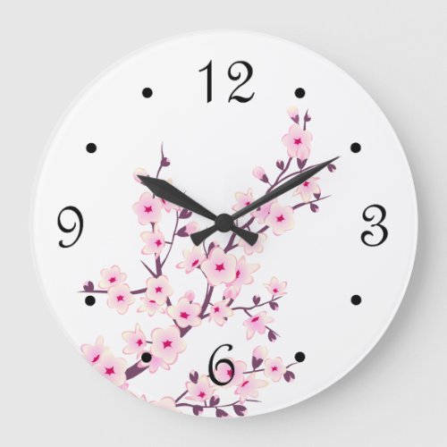 Floral Cherry Blossoms Pink White Large Clock
