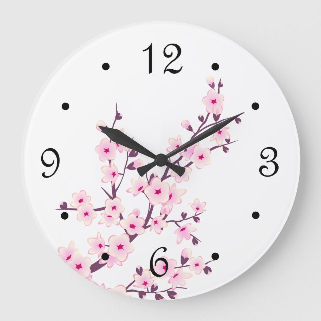 Floral Cherry Blossoms Pink White Large Clock (Front)