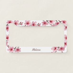 Floral Cherry Blossoms Pink White License Plate Frame