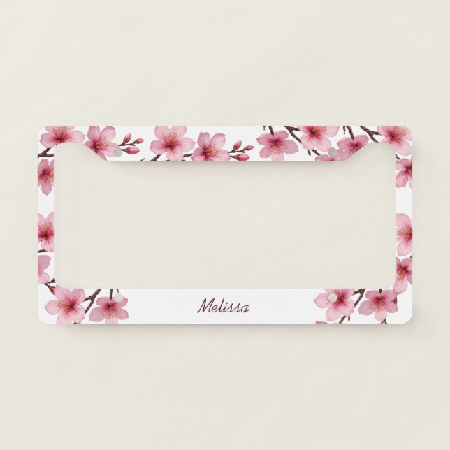 Floral Cherry Blossoms Pink White License Plate Frame (Front)