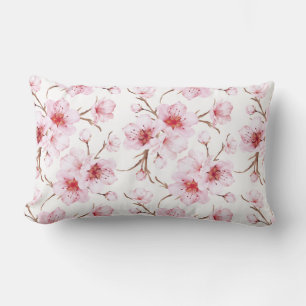 Floral Cherry Blossoms Pink White Lumbar Pillow