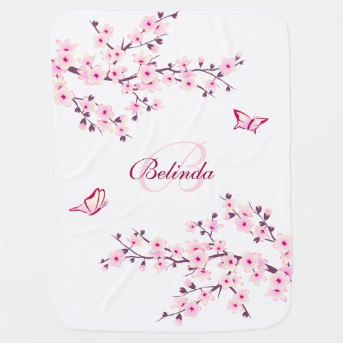 Floral Cherry Blossoms Pink White Monogram Baby Blanket