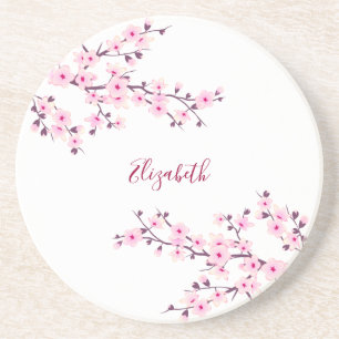Floral Cherry Blossoms Pink White Monogram   Coaster