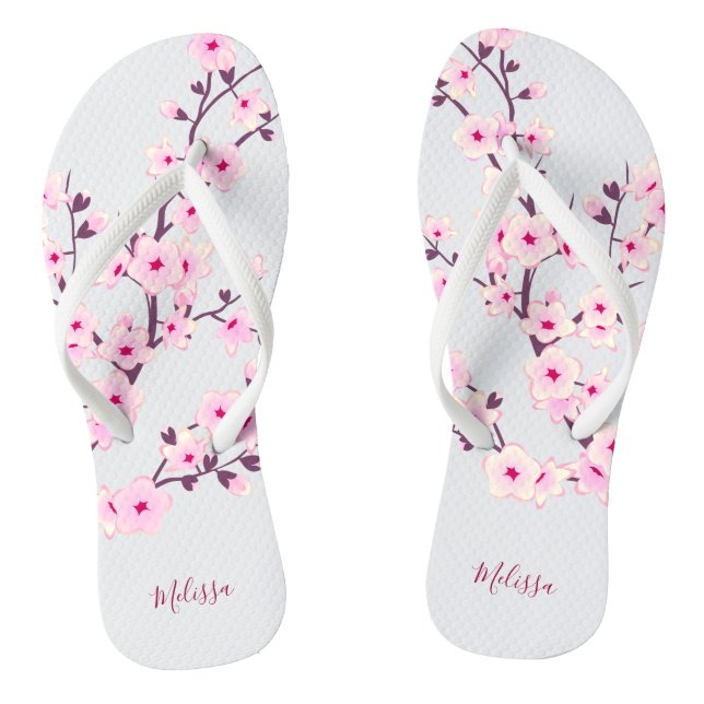 Floral Cherry Blossoms Pink White Monogram Flip Flops (Footbed)