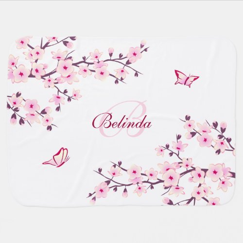 Floral Cherry Blossoms Pink White Monogram Name Baby Blanket