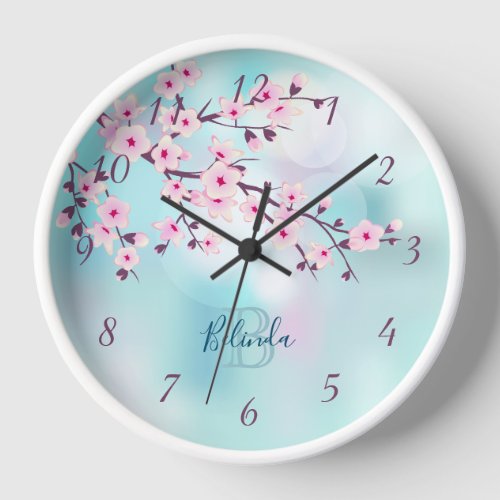 Floral Cherry Blossoms Pink White Monogram Name Clock