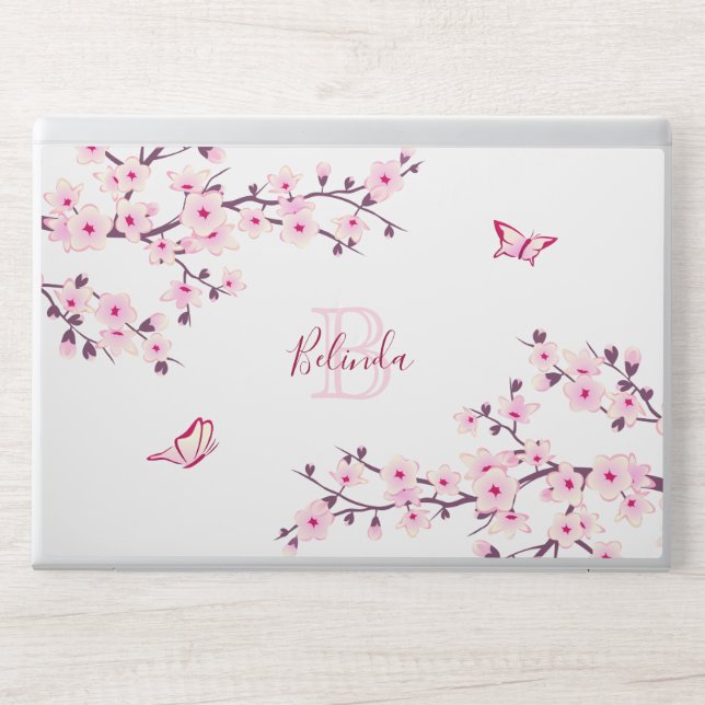 Floral Cherry Blossoms Pink White Monogram Name  HP Laptop Skin (Front)