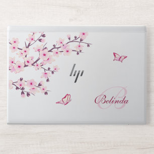 Floral Cherry Blossoms Pink White Monogram Name HP Laptop Skin