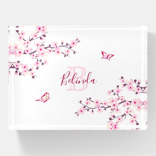 Floral Cherry Blossoms Pink White Monogram Name Paperweight