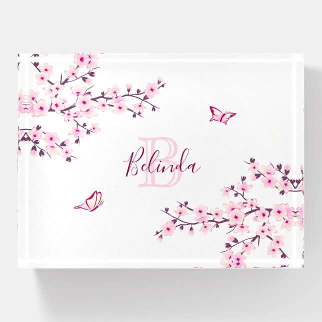 Floral Cherry Blossoms Pink White Monogram Name  Paperweight (Front)