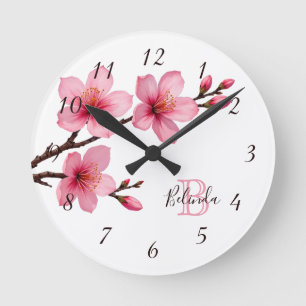 Floral Cherry Blossoms Pink White Monogram Name Round Clock