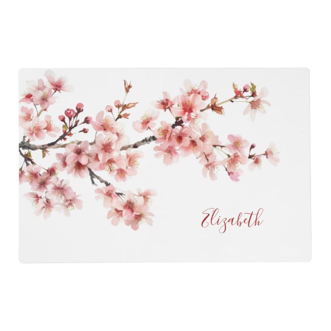 Floral Cherry Blossoms Pink White Monogram Placemat (Back)