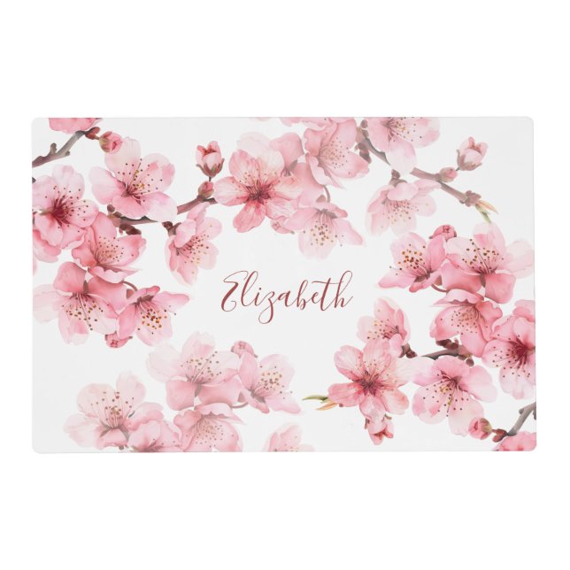Floral Cherry Blossoms Pink White Monogram Placemat (Front)