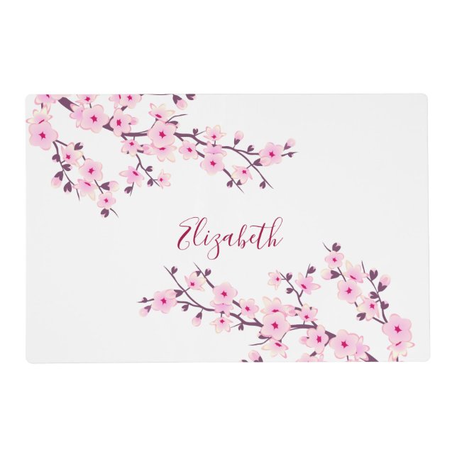 Floral Cherry Blossoms Pink White Monogram Placemat (Back)
