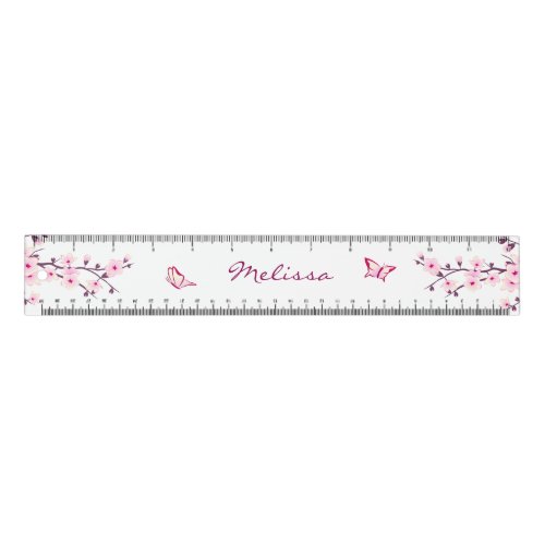 Floral Cherry Blossoms Pink White Monogram Ruler