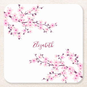 Floral Cherry Blossoms Pink White Monogram Square Paper Coaster