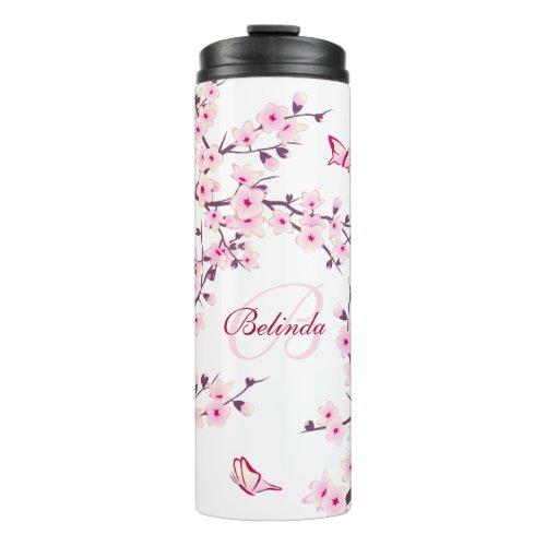 Floral Cherry Blossoms Pink White Name Monogram  Thermal Tumbler