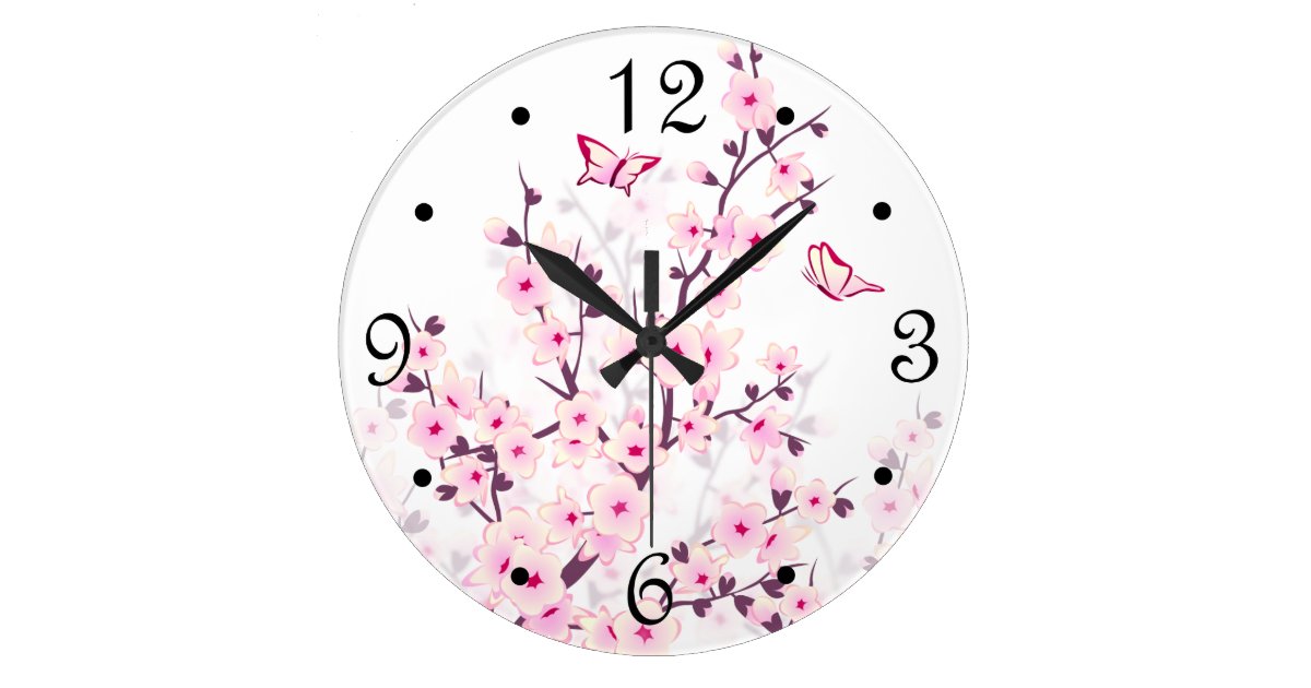 Floral Cherry Blossoms Pink White Numbers Large Clock | Zazzle.com