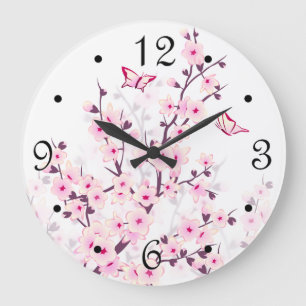 Floral Cherry Blossoms Pink White Numbers Large Clock