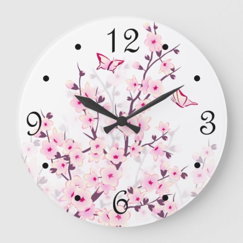 Floral Cherry Blossoms  Pink White Numbers Large Clock