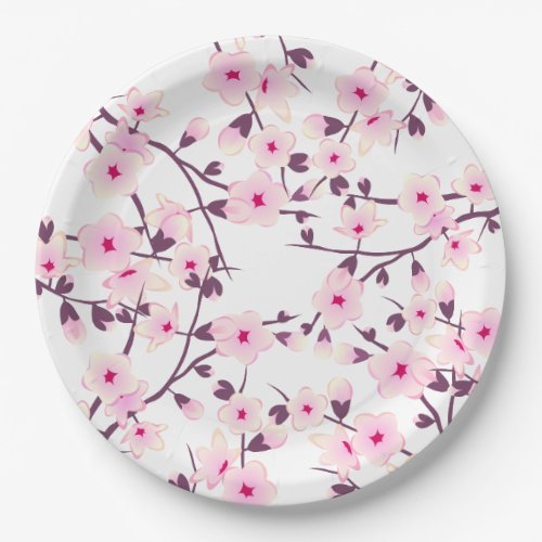 Floral Cherry Blossoms Pink White Paper Plates