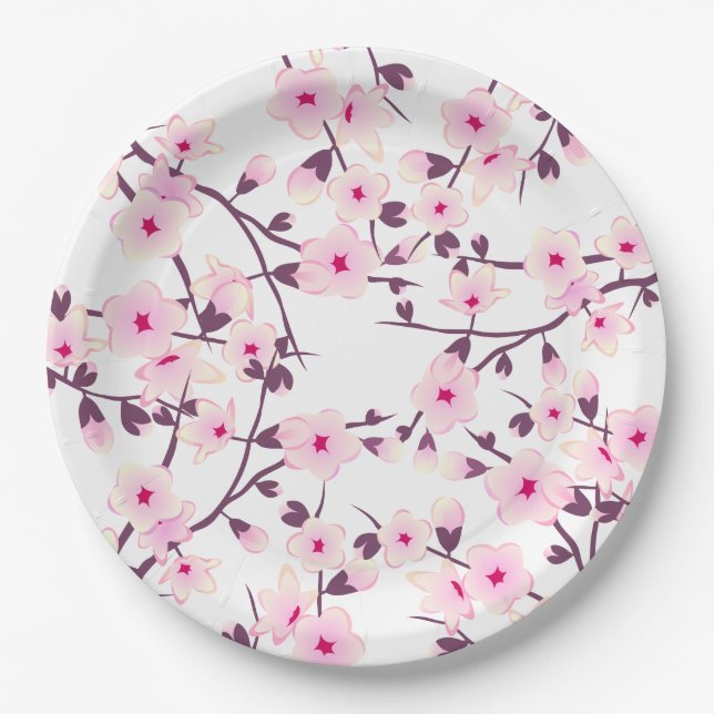 Floral Cherry Blossoms Pink White Paper Plates (Front)