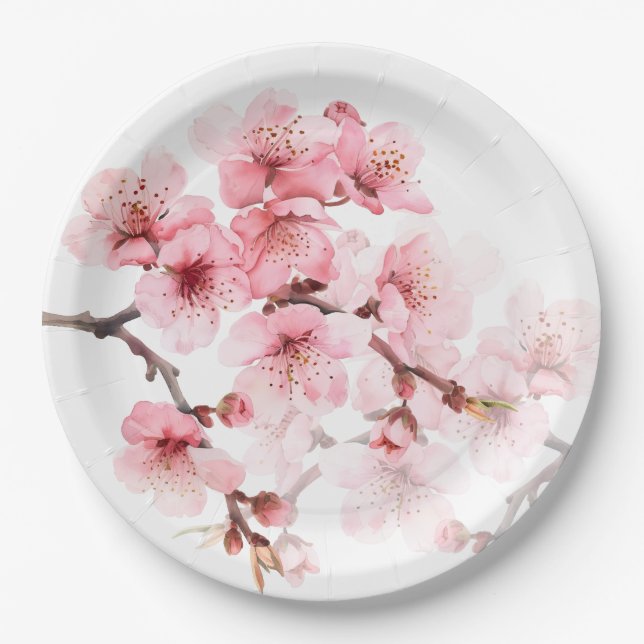 Floral Cherry Blossoms Pink White Paper Plates (Front)