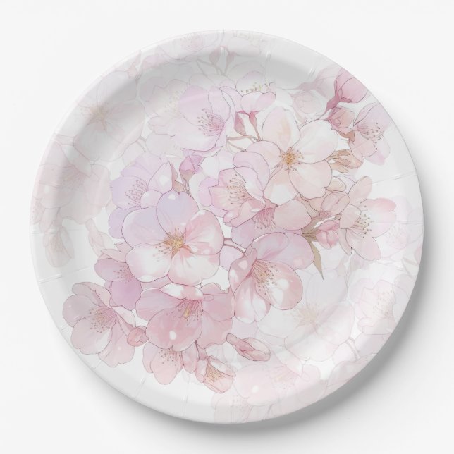Floral Cherry Blossoms Pink White Paper Plates (Front)