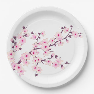 Floral Cherry Blossoms Pink White Paper Plates