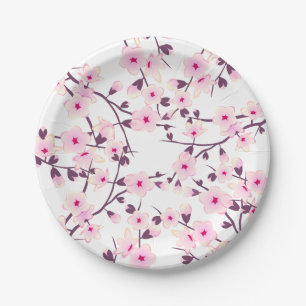 Floral Cherry Blossoms Pink White Paper Plates