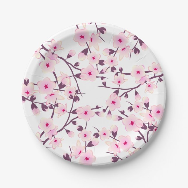Floral Cherry Blossoms Pink White Paper Plates (Front)