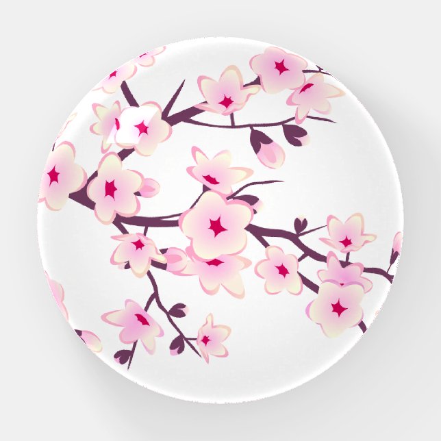 Floral Cherry Blossoms Pink White Paperweight (Front)