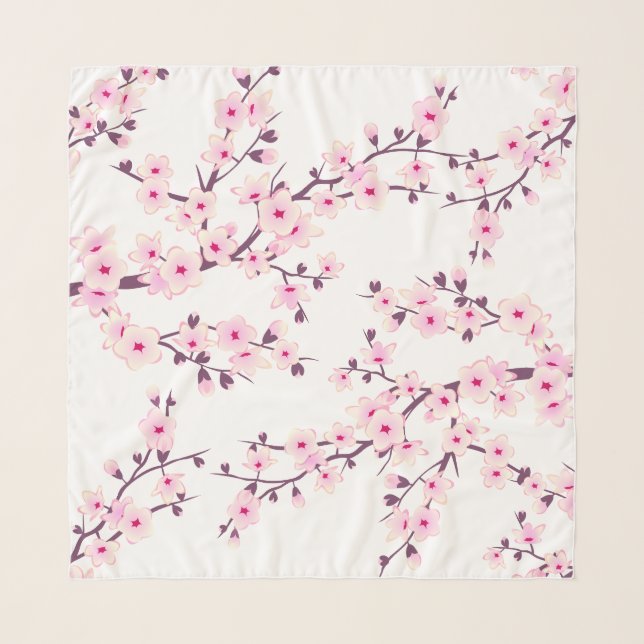 Floral Cherry Blossoms Pink White Scarf (Front)