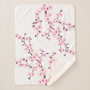 Floral Cherry Blossoms Pink White Sherpa Blanket