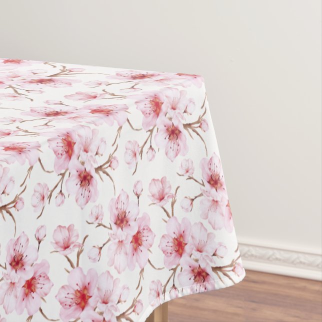 Floral Cherry Blossoms Pink White Tablecloth (In Situ)