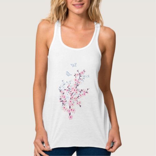 Floral Cherry Blossoms Pink White Tank Top